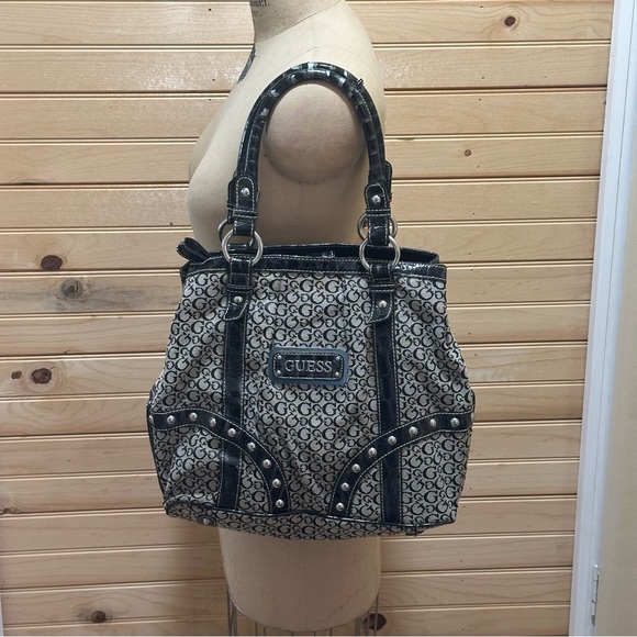Vintage Guess Studded Purse Black Signature Print logo Shoulder Bag 90s Y2K Rare